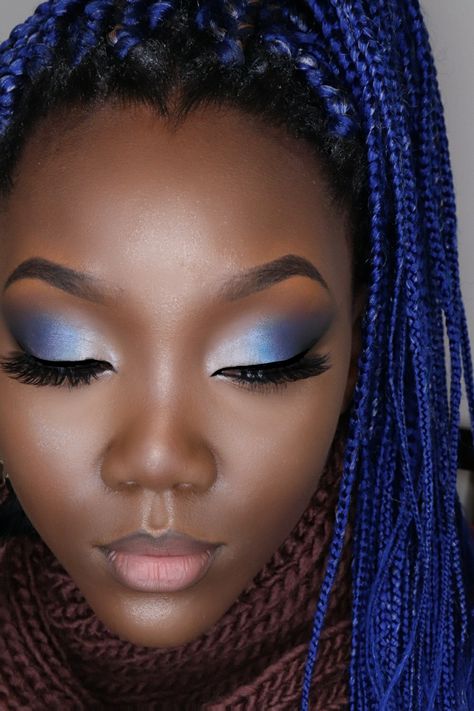 Blue And Gray Eyeshadow Looks, Navy Blue And Silver Makeup Looks Black Women, Royal Blue Makeup Ideas For Prom, Royal Blue And Silver Makeup Looks Prom, Navy And Silver Eye Makeup, Graduation Makeup Ideas Blue, Light Blue Prom Makeup For Brown Eyes, Blue And Sliver Makeup Looks, Light Blue And Silver Makeup Looks