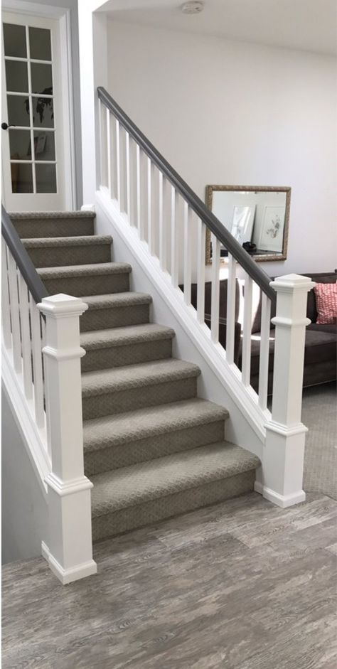 Grey Banisters And Railings, Gray Banister Staircases, White Banister, Gray Stairs, Stair Banister, White Stairs, Staircase Remodel, Grey Stain, Grey Carpet