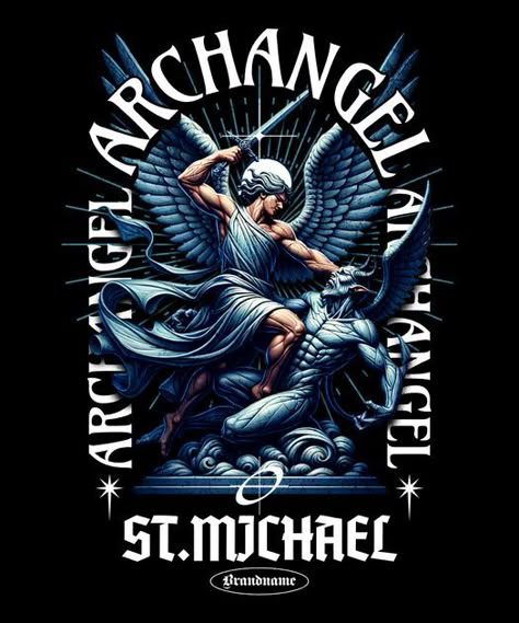 Streetwear Tshirt Design, Amoled Wallpapers, Tshirt Printing Design, Design Techniques, Saint Michael, Graphic Tshirt Design, Shirt Print Design, Angels And Demons, Stencil Designs