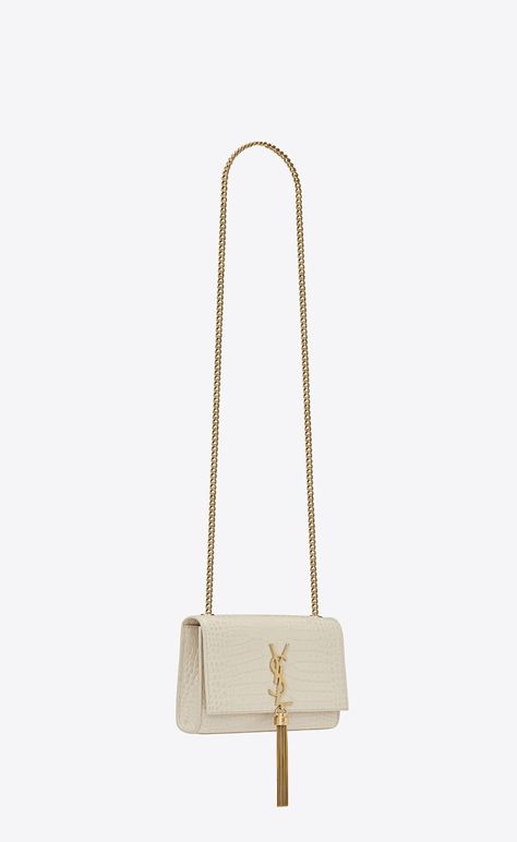 KATE SMALL TASSEL IN CROCODILE-EMBOSSED LEATHER | Saint Laurent | YSL.com Ysl Kate Bag, Ysl Kate, Kate Bags, Bag With Tassel, Vintage Ysl, Tassel Bag, Chain Bag, Wallet Chain, Quilted Leather