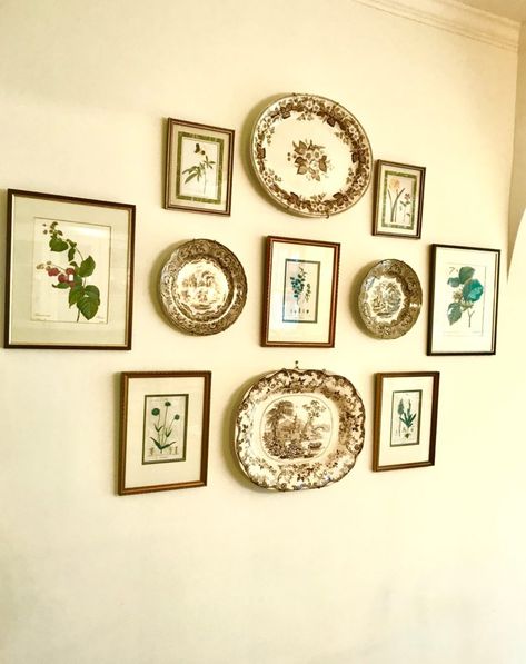 Wall Plates Decor Ideas, Art Leaning On Mantle, Plate Gallery Wall Kitchen, Wall Plate Arrangement Ideas, Plates On The Wall Decor, Plate And Art Wall, Plate Wall Display Dining Room, China On Wall Hanging Plates, Plate Arrangements On The Wall