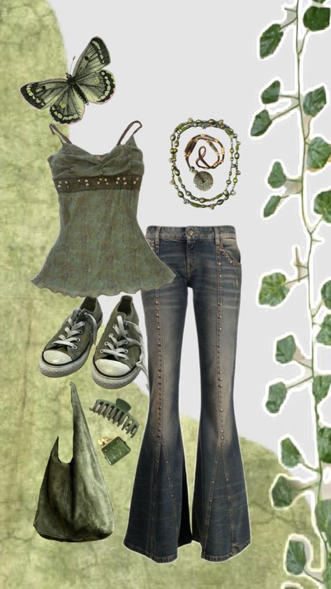 #green #greenoutfit #outfit #outfitideas #outfitinspo #greenaesthetic #boho Green Grunge Outfit, Green Y2k Outfit, 2000s Outfit, 70s Outfits, Earthy Outfits, Everyday Fashion Outfits, 90s Fashion Outfits, Whimsical Fashion, Other Outfits