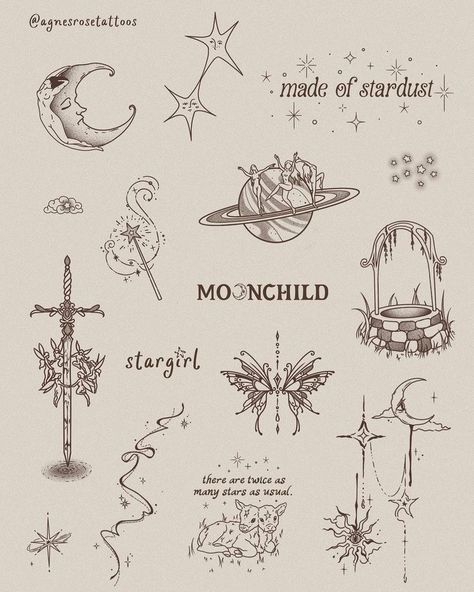 Delicate Feminine Tattoos Vintage, Vintage Star Tattoo, Mystical Tattoos For Women Sleeve, Minimalist Sleeve Tattoo For Women, Mystical Tattoos For Women, Whimsigoth Tattoo, Vintage Aesthetic Tattoos, Delicate Feminine Tattoos, Whimsical Tattoos