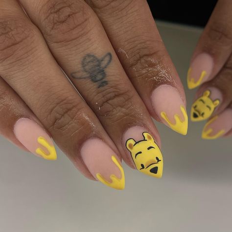 My mom said this looks like a mouse🥺 please tell me it looks like Winnie the Pooh!! #nails #nailtech #nailart #naildesign #nailinspo #nailsofinstagram #nailsnailsnails #nailaddict #nailporn #cartoonnails #cartoon #art #characternails #trend #vancouver Pooh Bear Nail Designs, Winnie The Pooh Inspired Nails, Simple Winnie The Pooh Nails, Winnie The Pooh Christmas Nails, Winnie The Pooh Nail Designs, Winnie Pooh Nails, Moomin Nails, Winnie The Pooh Nails Acrylic, Piglet Nails