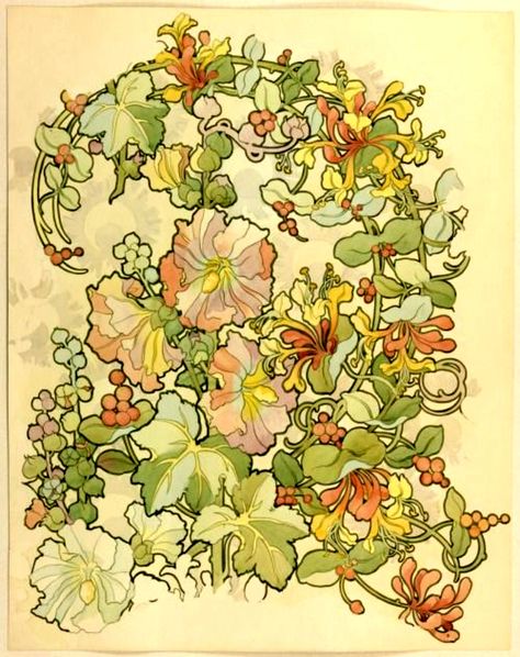 Alphonse Mucha Fleurs Art Nouveau, Nouveau Flowers, Art Nouveau Tattoo, Motifs Art Nouveau, Nouveau Tattoo, Illustration Art Nouveau, Alphonse Mucha Art, Design Art Nouveau, Mucha Art