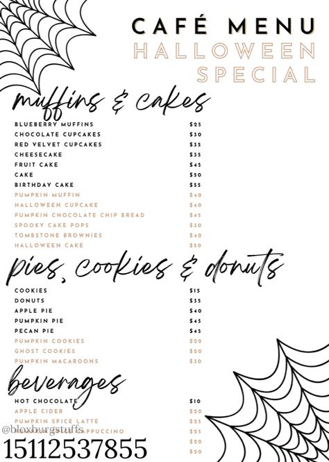 decal code Bloxburg Halloween Cafe Menu Codes, Blockburg Decals, Cafe Layout Plan, Bloxburg Ids, Cafe Layout, Bloxburg Halloween, Codes Wallpaper, Bloxburg Town, Fall Decal