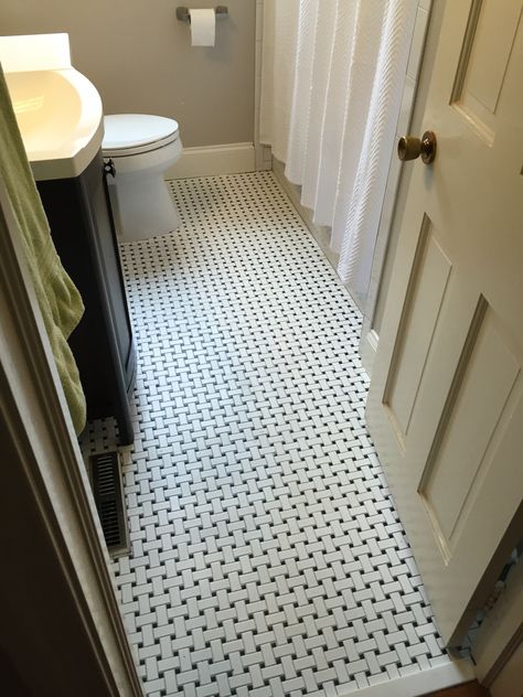 Black and white basket weave Basket Weave Floor Tile, Basketweave Tile Floor, Black And White Basket, Black And White Bathroom Floor, Bedroom Toilet, Basket Weave Tile, White Basket, White Bathroom Tiles, Timeless Bathroom