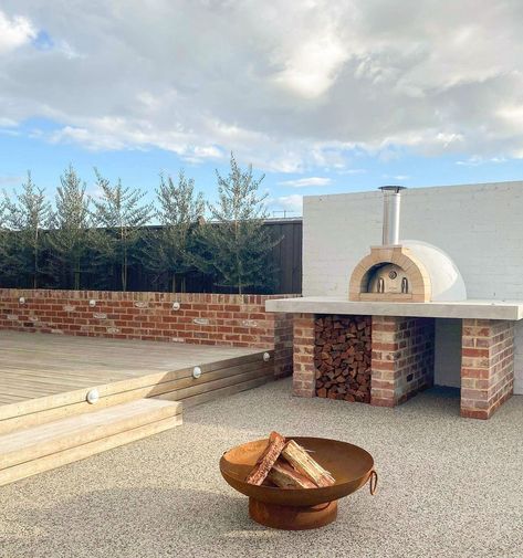 Are you sick of seeing our backyard yet? 😅 This beautiful fire pit is from @milkcanoutdoor who are currently running a Father’s Day Sale. … | Instagram Outdoor Fireplace Brick, Plot Ideas, Fireplace Brick, Outdoor Bbq Area, Fire Pit Bbq, Outdoor Bbq Kitchen, Pool Landscape Design, Backyard Fireplace, Deck Designs Backyard