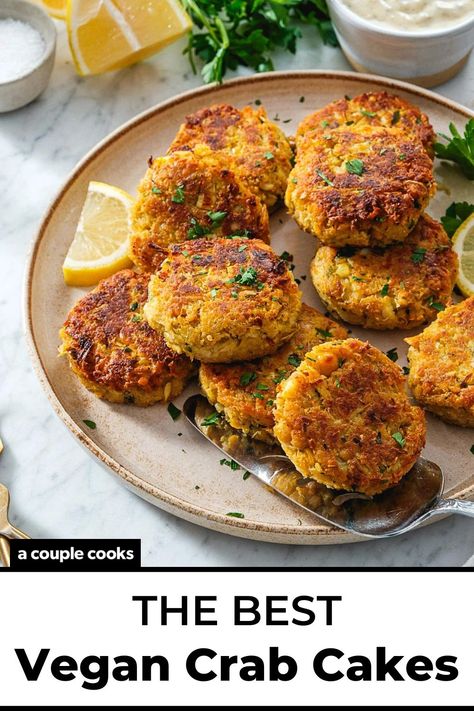 These crispy, crave-worthy vegan crab cakes are truly amazing! They will wow eaters of any diet. Serve them up with tartar sauce as a deliciously fun plant-based dinner or appetizer! #vegancrabcakes #vegan #crabcakes #plantbased #vegandinner #plantbaseddinner #veganappetizer #appetizer #plantbasedappetizer #vegantartarsauce #easyvegandinner #vegandinnerideas #plantbaseddinnerideas Vegan Artichoke, Plantbased Dinner, Vegetarian Sausage, Sausage Burgers, Vegan Crab Cakes, Vegan Seafood, Vegan Crab, A Couple Cooks, Heart Of Palm