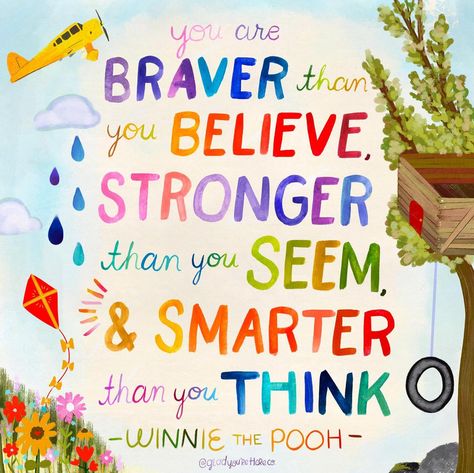 “you are braver than you believe, stronger than you seem, and smarter than you think” - winnie the pooh 🎈 I love my rainbow lettering lately, and I think this would make such a fun addition for a kids room, and would go along great with my roald dahl quote artwork too! maybe i’ll make a whole series soon! . . . . . 🏷️ #healingjourney #selfloveart #borntocreate #healingart #girlsmakingmagic #visualgraphic #selflovejourney #selfloveproject #mentalhealthmatters #selfcareisntselfish #practicese... Your Smarter Than You Think Quotes, You Are Braver Than You Believe, Roald Dahl Day, Roald Dahl Quotes, Rainbow Lettering, Watercolor Art For Beginners, Think Quotes, Beginners Watercolor, Inspirational Affirmations