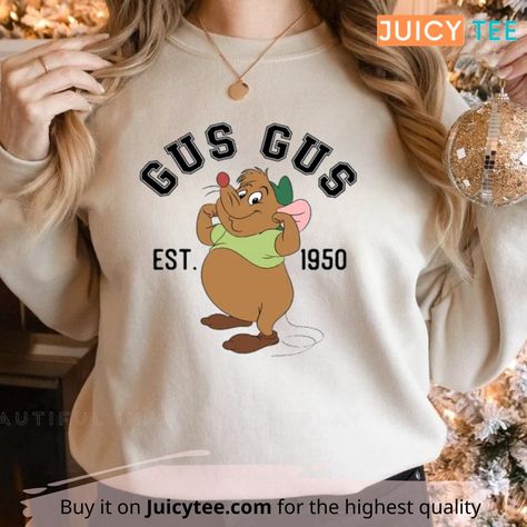 Disney Gus Gus Est 1950 Shirt, Cinderella Mouse Sweatshirt, Funny Gift For Kids, Birthday Check more at https://juicytee.com/product/disney-gus-gus-est-1950-shirt-cinderella-mouse-sweatshirt-funny-gift-for-kids-birthday/ Gus Gus Outfit, Cinderella Mouse, Hand Painted Bags Handbags, Cinderella Shirt, Cinderella Mice, Gus Gus, Disney Day, Cute Shirt Designs, Disney Sweaters