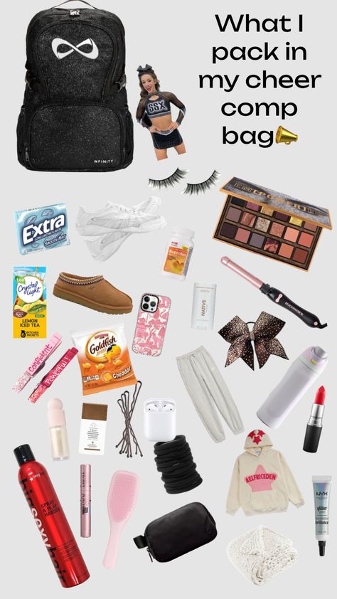 My cheer comp bag!! Cheer Mom Essentials, Cheer Mom Must Haves, Cheerleading Bag Essentials, Cheer Backpack Ideas, What To Put In Your Cheer Bag, Cheer Wishlist, Cheer Camp Survival Kit, Cheer Bag Essentials, Cheer Essentials