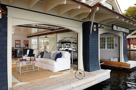 Fresh Summer Style Muskoka Living Interiors - Cindy Hattersley Design Boathouse Design, Muskoka Living, Lakefront Living, Lakefront Property, Boat House, Lake Living, Lake Cottage, Guest Cottage, Floating House