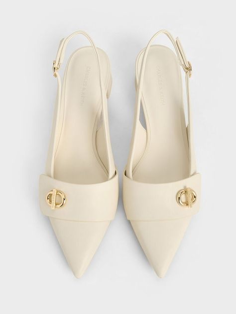 Chalk Metallic-Accent Pointed-Toe Slingback Pumps - CHARLES & KEITH US Classic Black Handbag, Elegant Shoes Heels, Elegant Office Wear, Heel Sandals Outfit, Fashion Shoes Heels, Stunning Shoes, Office Shoes, Girly Shoes, Mary Jane Pumps