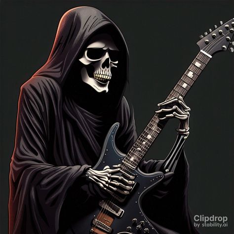 Grim Reaper playing electric guitar. Created with Stability AI Grim Reaper Guitar, Gream Reaper, Skeleton Playing Guitar, Playing Electric Guitar, Dark Phone Wallpapers, Grim Reaper, Grimm, Playing Guitar, Art Stuff