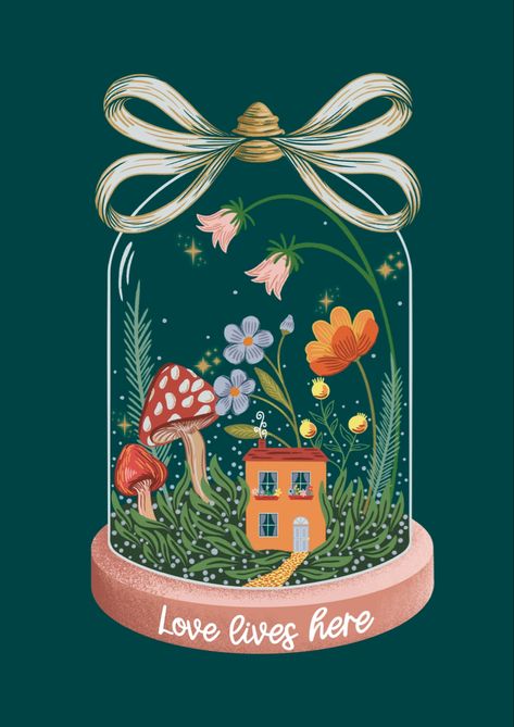 Hand illustrated whimsical terrarium bell jar illustration with mushrooms, flowers, and a townhouse. Love Lives here. Illustration, Pattern Design, Surface Art. Available as an art print and for art licensing. Bell Jar Illustration, Whimsical Terrarium, September Stickers, Terrarium Illustration, Akrilik Painting, Jar Illustration, Window Tattoo, Love Lives Here, Procreate Illustration