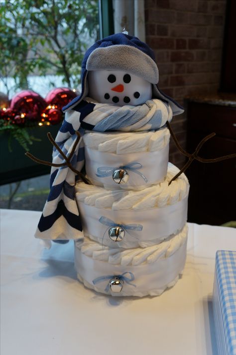 Snowman diaper cake for an Oh Baby It's Cold Outside Shower Baby Its Cold Outside Gender Reveal, Snowman Diaper Cake, Snowman Baby Shower, Winter Baby Shower Decorations, Snowman Baby, Winter Baby Shower Themes, Outside Baby Showers, Winter Wonderland Baby Shower, Baby Its Cold