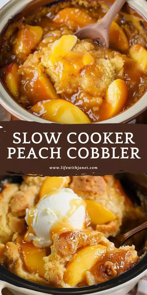 Slow Cooker Peach Cobbler Easy Crock Pot Peach Cobbler, Crock Pot Peach Crisp, Peach Cobbler In A Crock Pot, Slow Cooker Cobbler Recipes, Thanksgiving Peach Cobbler, Slow Cooker Peach Cobbler Dump Cake, Peach Dishes Recipes, Three Ingredient Peach Cobbler, Cobbler Recipes Easy Dump Cakes