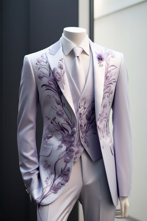 Lavender flower inspired suit Ethereal Suits For Men, Fairytale Suit Men, Flower Costume Men, Lavender Wedding Suit, Tangled Wedding Suit, Flower Fantasy Outfit Male, Lavender Suit Men, Purple Fantasy Suit Male, Royalcore Wedding