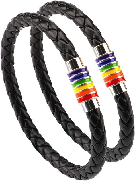 PHOGARY LGBTQ Pride Bracelet Rainbow Bracelet (2 Packs), Couple Black Leather Bracelet Men’s Women’s Bangle with Rainbow Striped Stainless steel Magnetic Clasp 22cm Black Leather Bracelet Men, Gay Jewelry, Gay Pride Bracelet, Leather Bracelet Men, Couple Black, Pride Jewellery, Pride Makeup, Gay Outfit, Pride Bracelet