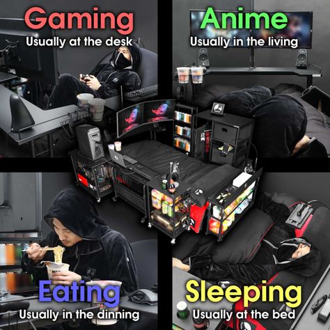 Desk Snacks, Gaming Bed, Computer Gaming Room, Video Game Room Design, Eat Snacks, Video Game Rooms, Ikea Bed, Bedroom Setup, The Comfy