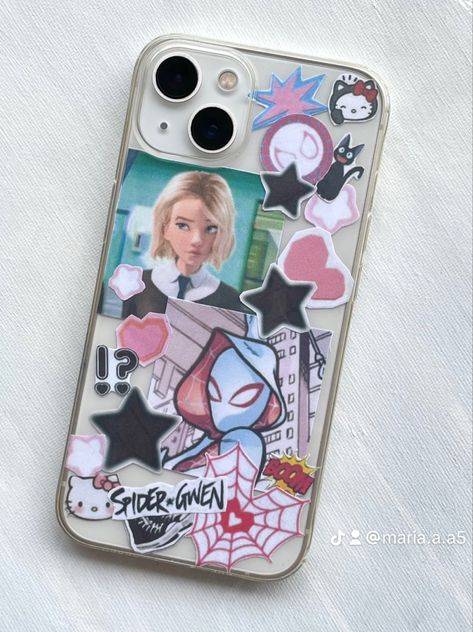 Gwen Stacy Phone Case, Clear Phone Case Ideas Spiderman, Marvel Phone Case Ideas, Spiderman Phone Case Diy, Spider Gwen Aesthetic, Spider Man Phone Case, Minimal Stickers, Spiderman Phone Case, Y2k Collage