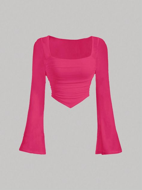 SHEIN MOD Square Neck Bell Sleeve Ruched Hanky Hem Crop TeeI discovered amazing products on SHEIN.com, come check them out! Hot Pink Long Sleeve Shirt Outfit, Hot Pink Clothes Aesthetic, Hot Pink Shirts, Hot Pink Crop Top, Long Sleeve Shirt Outfits, Hot Pink Outfit, Hot Pink Shirt, Open Blouse, Full Sleeve Top