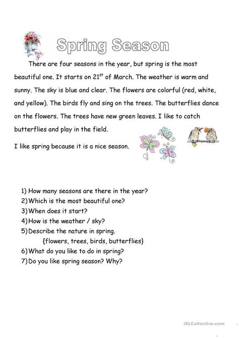 Spring Reading Comprehension Worksheets, Spring English Worksheet, Spring Worksheets For Kids, Spring Vocabulary Words, Spring Worksheets, Spring Vocabulary, Seasons Worksheets, Spring Worksheet, Spring Lessons