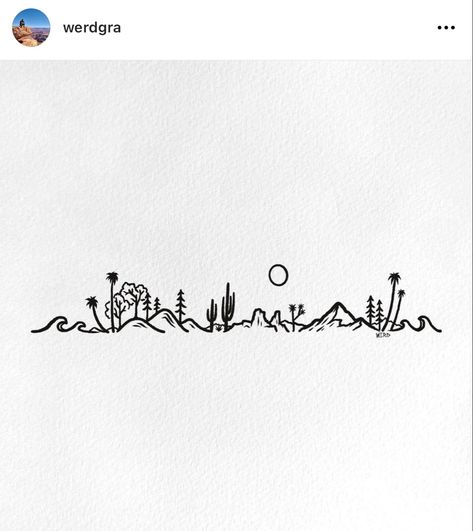 Mountain Ocean Line Tattoo, Even So Tattoo, Tiny Landscape Tattoo, Minimalist California Tattoo, California Landscape Tattoo, Happy Place Tattoo Ideas, Arizona Skyline Tattoo, Mountains Desert Ocean Tattoo, Small Arizona Tattoos For Women