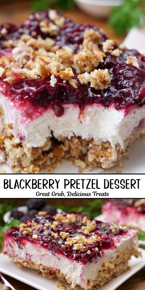 A double photo collage of blackberry pretzel dessert that has a pretzel crust, a cream cheese filling, and topped with a homemade blackberry topping. Strawberries And Blackberries Recipes, Desserts To Take To Work, My Incredible Recipes.com Desserts, Pitch In Desserts, Berry Pretzel Dessert, Easy Dessert To Feed A Crowd, Easy Recipes For Crowd, Blackberry Dessert Recipes Easy, Recipes With Blackberry Jam