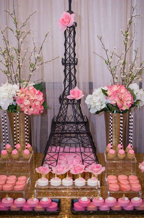 Amazing pink desserts at a Paris bridal shower party! See more party planning ideas at CatchMyParty.com! Paris Bridal Shower Theme, Paris Spa, Paris Sweet 16, Paris Birthday Theme, Paris Themed Birthday Party, Paris Bridal Shower, Paris Theme Wedding, Paris Baby Shower, Parisian Party