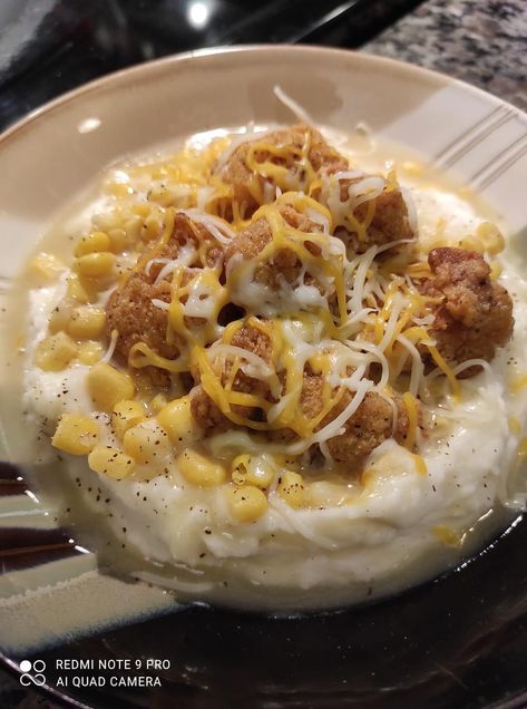 ***KFC Famous Bowls*** Kroger Brand Mashed Potatoes Can of Corn Chicken Gravy Packet Popcorn Chicken and... A Sprinkle of Cheese *** Chicken took 8mins in air fryer*** Put separate on a plate if they don’t like it mixed Chicken Corn Mashed Potato Bowl, Mashed Potato Corn Chicken Casserole, Popcorn Chicken Bowls Mashed Potatoes, Kfc Popcorn Chicken Bowl Recipe, Buffalo Chicken Mac And Cheese With Popcorn Chicken, Kfc Recipes, Kfc Famous Bowl, Gravy Packet, Kfc Recipe