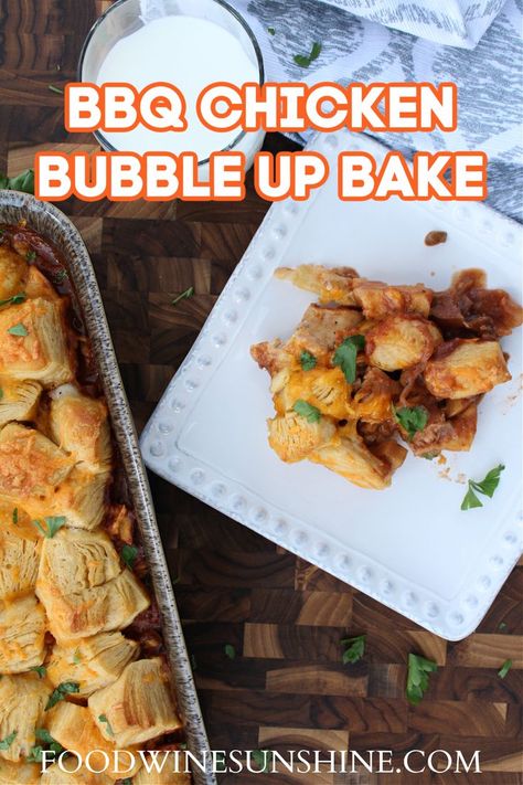 BBQ Chicken Bubble Up Bake | This BBQ Chicken Bubble Up Bake is the ultimate comfort food! Ready in less than an hour, it has everything you crave about comfort food! Biscuits, cheese, BBQ sauce oh my! | Food Wine Sunshine #dinnerideas #chickenrecipes #dinner Chicken Casserole With Biscuits, Chicken Bubble Up Bake, Dinner Ideas Skillet, Bubble Up Bake, Green Bean Bake, Bbq Chicken Casserole, Baked Ziti Casserole, Ziti Casserole, Casserole With Biscuits