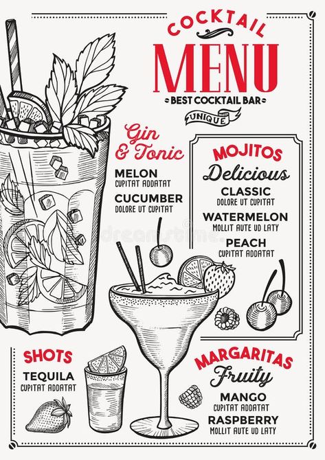 Illustration about Cocktail bar menu. Vector drinks flyer for restaurant and cafe. Design template with vintage hand-drawn illustrations. Illustration of hipster, doodle, mojito - 114010649 Cocktail Bar Menu Design, Drink Flyer Design, Cocktail Illustration Graphic Design, Bar Flyer Design, Cocktail Doodle, Cocktail Menu Design, 7 Fishes, Menu Illustration, Menu Card Design