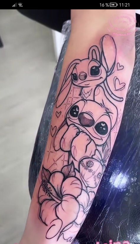 Stitch Disney Tattoo, Ohana Stitch Tattoo, Disney Stitch Tattoo, Lilo And Stitch Tattoo, Angel Stitch, Maching Tattoos, Stitch Tattoo, Tasteful Tattoos, Pretty Tattoos For Women