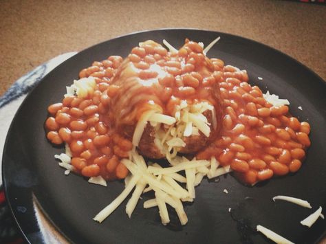 Jacket potato with beans and cheese! Beans Potatoes And Ham, Jacket Potato Beans And Cheese, Bean And Potato Burrito, Jacket Potato Fillings Vegetarian, Chilli Jacket Potato, Jacket Potato, Cheese Potatoes, Cooked Breakfast, Baked Potato