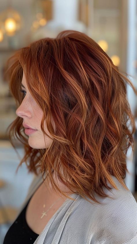 24 Long Layered Bob Haircuts and Hairstyles That Will Boost Your Confidence Today | Lookosm Shoulder Length Hair Red Auburn, Red Lob Hair, Copper Layered Hair, Red Lob Haircut, Red Hair Lob, Autumn Red Hair, Shoulder Length Red Hair, Long Layered Bob Haircuts, Dimensional Red Hair