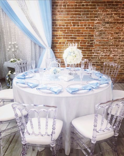 Blue And White Sweet 16, Quinceanera Blue Theme, Sweet 16 Table, White Sweet 16, Quinceanera Winter Wonderland, Sweet 15 Cakes, Sweet Sixteen Themes, Quinceanera Blue, Cinderella Sweet 16