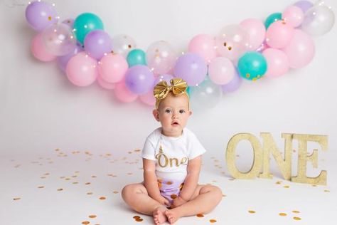 Unicorn First Birthday, 6 Month Baby Picture Ideas, Unicorn Onesie, 1st Birthday Photoshoot, 1st Birthday Party Themes, Birthday Unicorn, 2nd Birthday Party Themes, 1st Birthday Decorations, 1st Birthday Photos