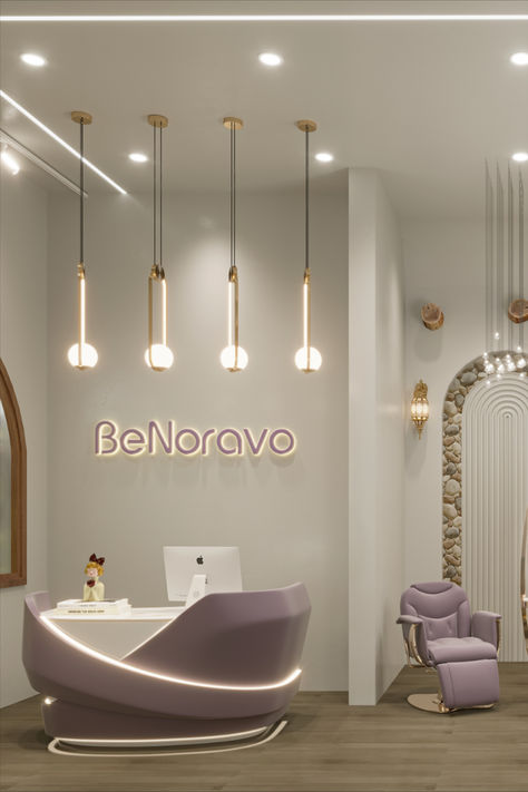 @BeNoravo violet purple. Purple Reception, Custom Reception Desk, Salon Reception Desk, Modern Reception Desk, Small Business Design, Retail Store Display, Retail Interior Design, Reception Furniture, Clinic Interior Design