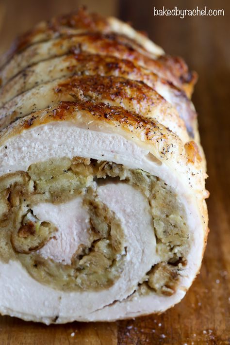 Easy turkey roulade with bread stuffing recipe from @bakedbyrachel A fun alternative for your holiday meal! Turkey Roulade, Roulade Recipe, Bread Stuffing, Turkey Breast Recipe, Easy Turkey, Turkey Recipes Thanksgiving, Holiday Eating, Holiday Meal, Christmas Food Dinner