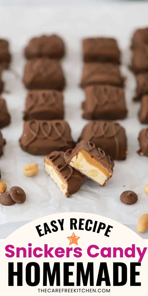 This easy Snickers Candy Bar Recipe tastes just like the real thing, complete with soft and fluffy peanut nougat, chewy caramel, and a layer of chocolate around each piece. They are great for holiday dessert platters and make the best edible gifts. #thecarefreekitchen #candy #homemadecandy #snickers #snickersrecipe #homemadesnickers #holidaycandy #ediblegifts Chocolate Filled Candy, Snickers Recipes, Candy Bar Recipes, Holiday Dessert Platter, Dessert Platters, Snickers Recipe, Candy Homemade, Holiday Candy Recipes, Candy Bar Recipe