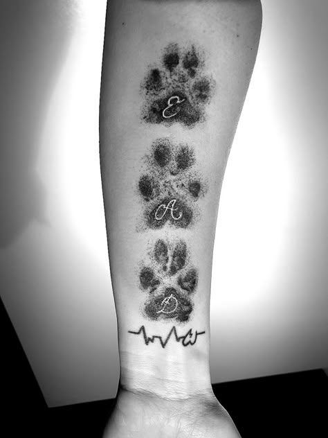 4 Paw Print Tattoo Dog, 4 Dog Paws Tattoo, Paw Print Arm Tattoo, Three Dog Paw Print Tattoo, Three Paws Tattoo, Multiple Dog Paw Print Tattoo, Pet Paw Print Tattoo Placement, Dog Family Tattoo, Paw Print Half Sleeve Tattoo