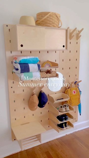 Montessori Grooming Station, Montessori Coat Rack, Kids Coat Hooks Entryway, Montessori Entrance, Entryway Station, Toddler Entryway, Toddler Shoe Storage, Montessori Living Room, Montessori Entryway