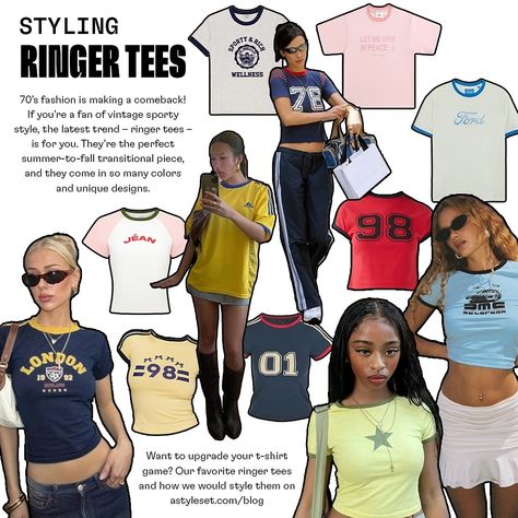 70’s fashion is making a comeback! If you’re a fan of vintage sporty style, the latest trend – ringer tees – is for you. They’re the perfect summer-to-fall transitional piece, and they come in so many colors and unique designs. Want to upgrade your t-shirt game? Here are 16 of our favorite ringer tees and how we would style them full blog post on astyleset.com/blog/cool-ringer-tees #menswear #menswear #90sfashion Ringer Tee Outfit, Outfit Links, Long Outfit, 70’s Fashion, Y2k Vibes, Latest Trend, Sporty And Rich, Ringer Tee, Tshirt Outfits