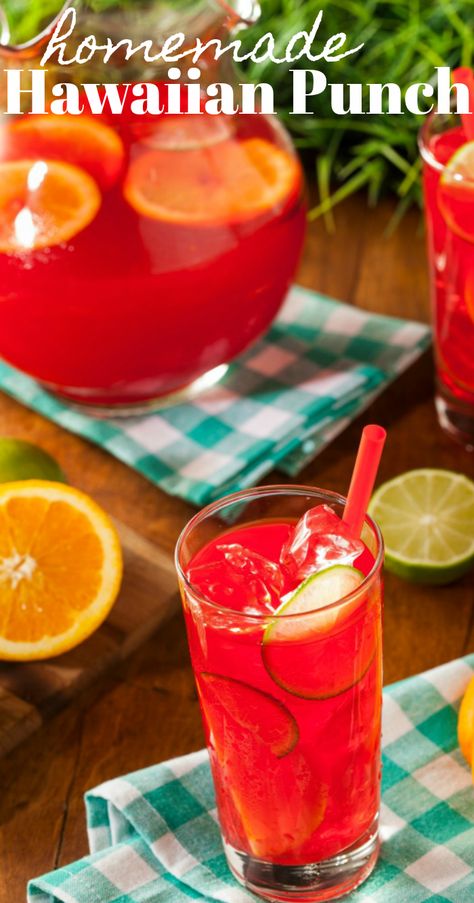 Make your own Hawaiian Punch at home with this easy recipe that will be a hit at your summer parties! We love this drink on those hot days and this is one that's great for kids and adults! Ginger Ale Mixed Drinks, Non Alcoholic Drink Recipes, Hawaiian Punch Recipes, Fruit Punch Recipe, Hawaiian Party Theme, Red Drinks, Hawaiian Punch, Perfect Summer Drink, Summer Drink Recipes