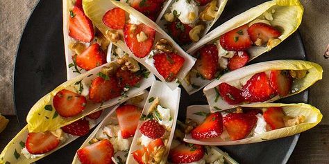 Endive with Goat Cheese, Strawberries & Walnuts Recipe | EatingWell Endive Appetizers, Healthy Party Food, Make Ahead Appetizers, Festive Appetizers, Healthy Appetizer Recipes, Bite Size Appetizers, Walnut Recipes, Vegetarian Appetizers, Banana Bread Recipe