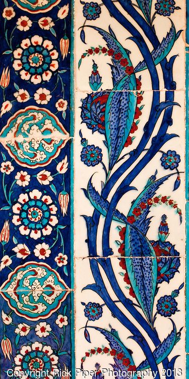 Stylized flower and leaf motifs on Iznik tiles in Rustem Pasa Mosque, Eminonu, Istanbul, Turkey // Rick Piper Photography Turkey Art, Iznik Tile, Turkish Tile, Turkish Tiles, Islamic Patterns, Ancient Persian, Turkish Ceramics, Islamic Art Pattern, Byzantine Art