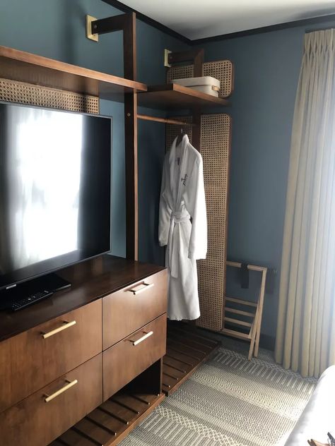 38 Steal-Worthy Design Ideas I Found at Hotels Standalone Wardrobe, Hotel Closet, Rope Mirror, Floating Desk, Hotel Project, Closet Space, Brass Lighting, Plant Shelves, Vintage Chandelier