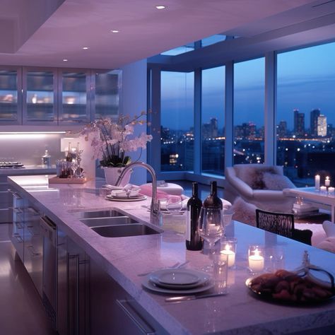 Nyc Houses Inside, New York Apartment Aesthetic Kitchen, Girly Luxury Apartment, Luxury Apartment Interior Penthouses, New York Apartment Kitchen, Penthouse Apartment Kitchen, Nyc Penthouse Aesthetic, Luxury New York Apartment, Apartment High Rise